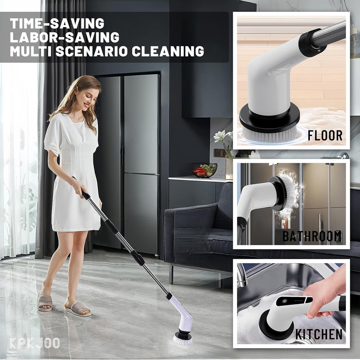 Cordless Electric Spin Scrubber – 2-Speed Power Shower Brush with 9 Heads & Adjustable Extension Handle